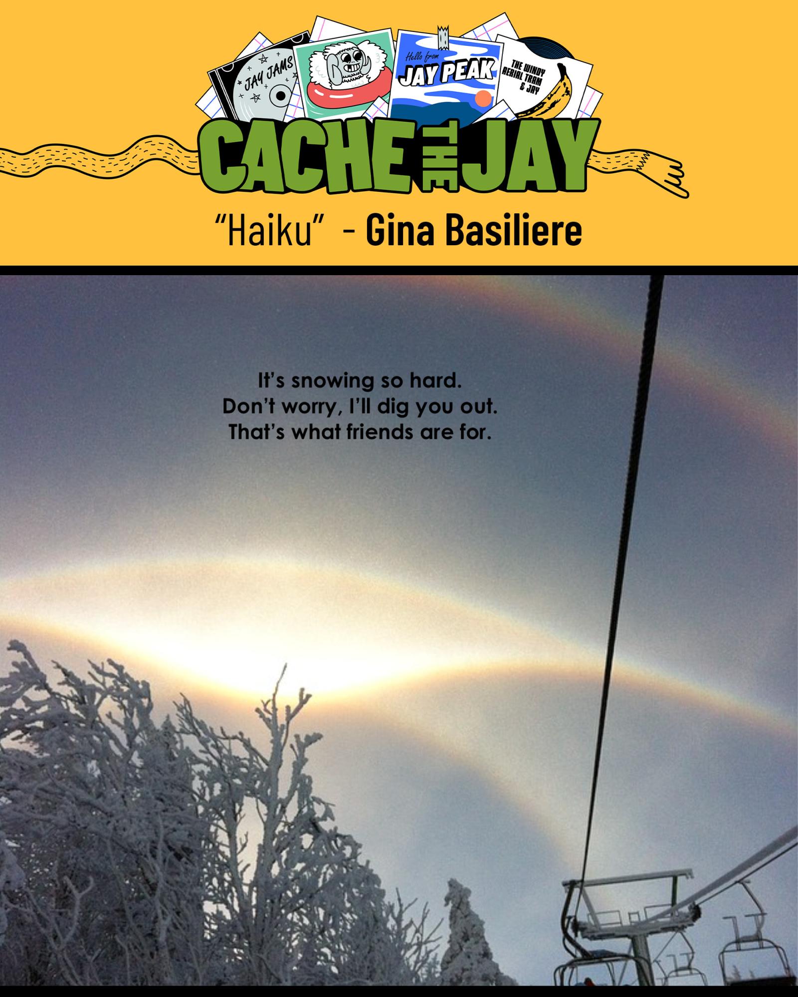 Sky with two rainbows over snowy trees and ski lift.