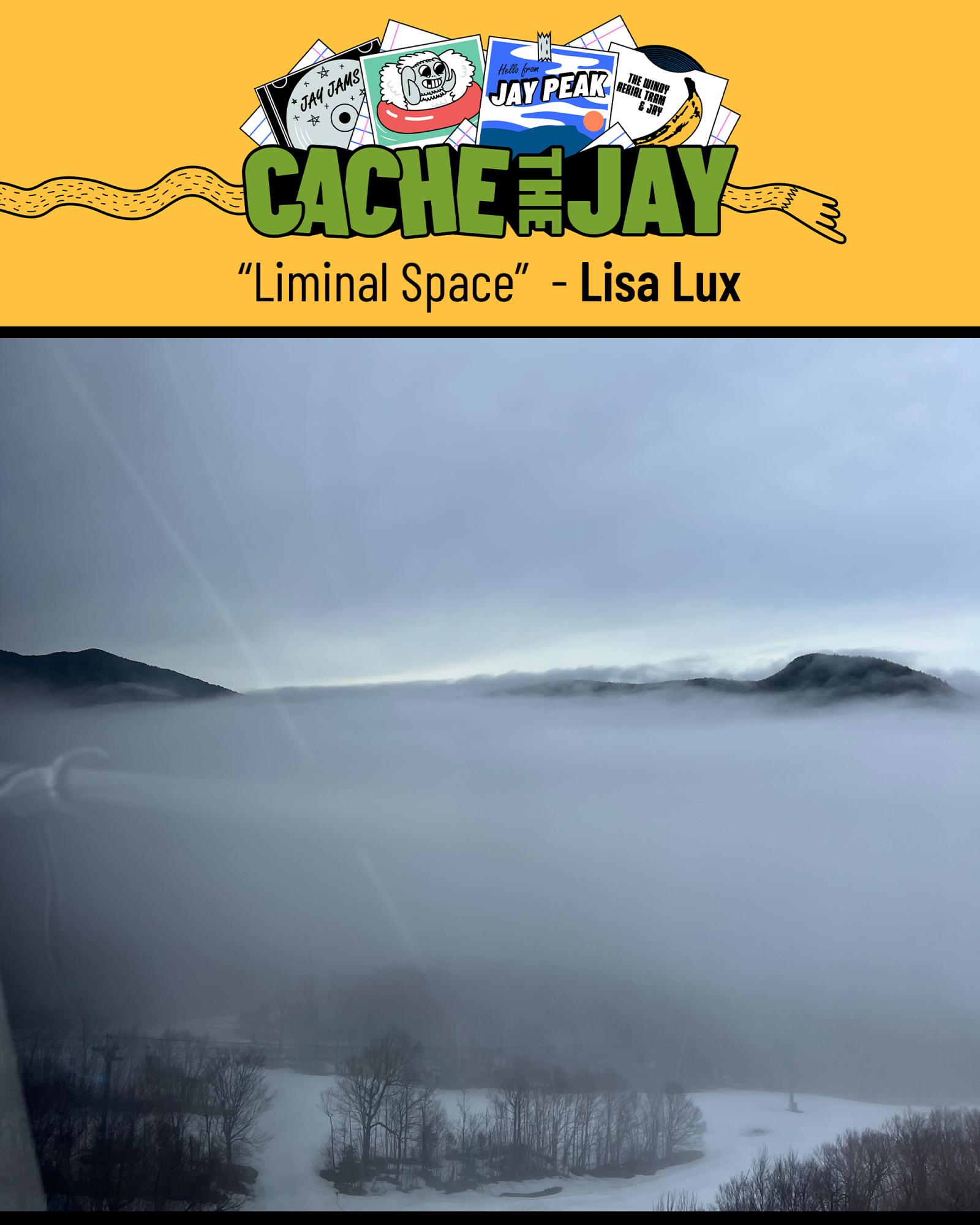 Foggy landscape with hills and sparse trees under a cloudy sky.