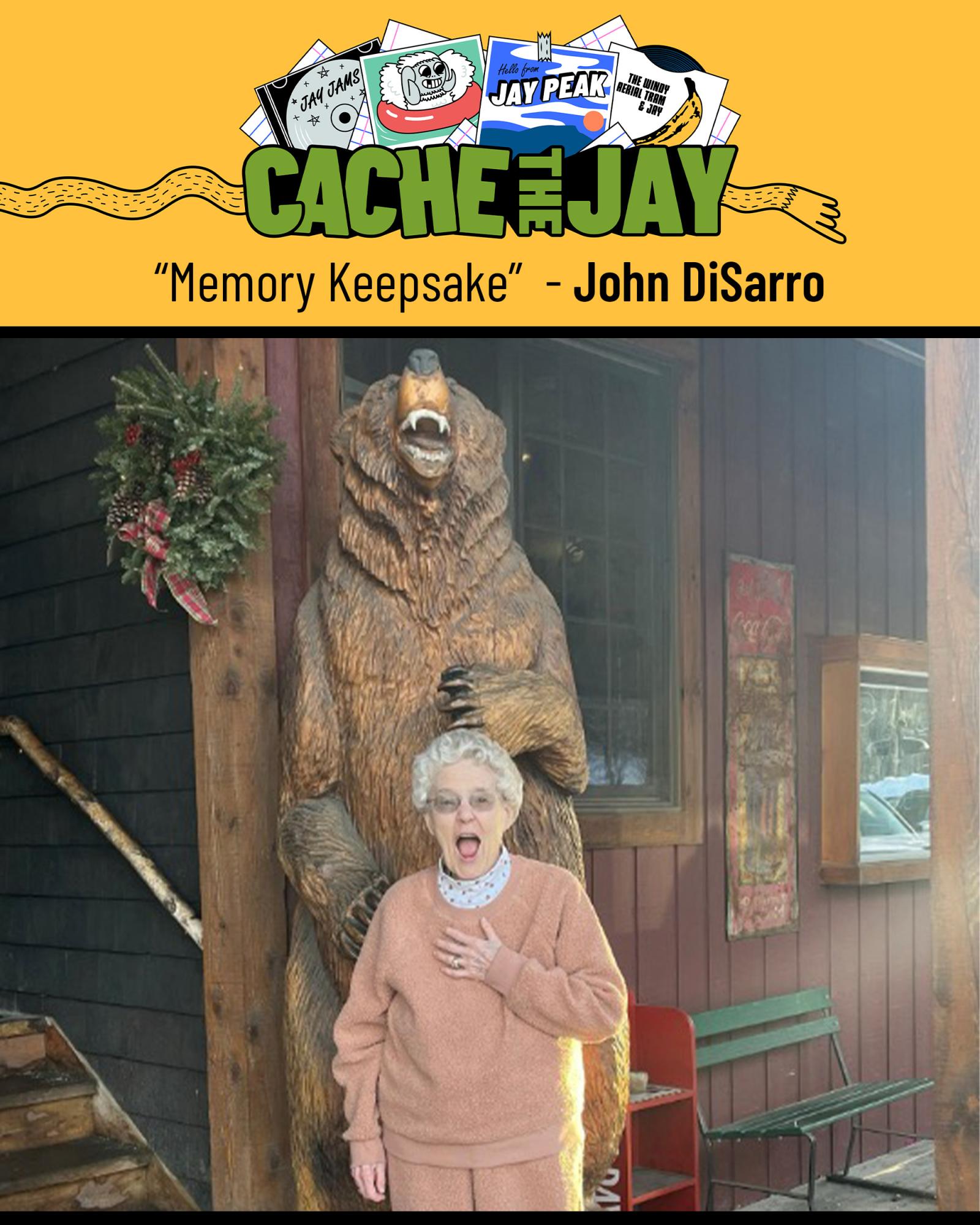 Elderly woman surprised in front of carved bear statue.