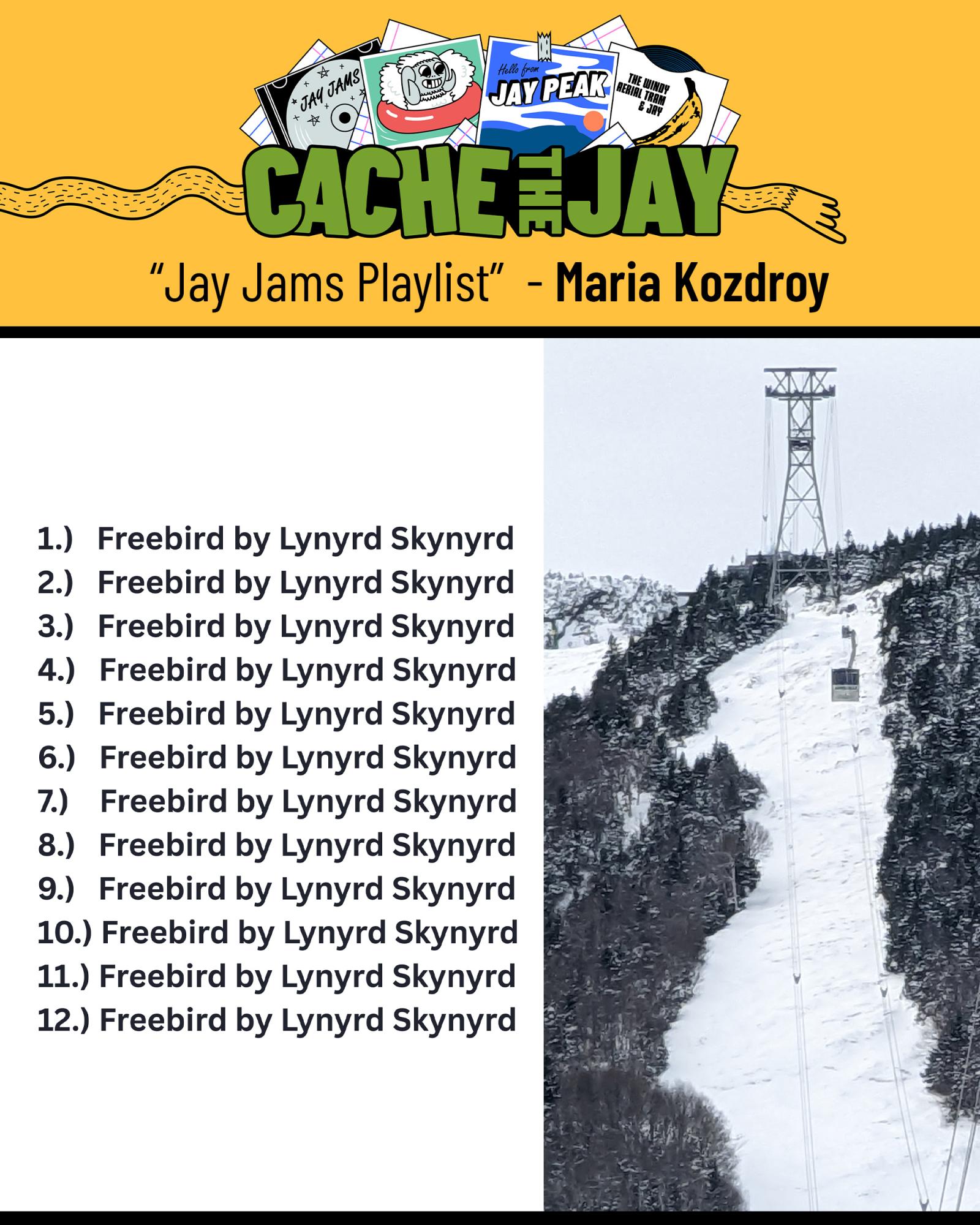 Cache the Jay poster with playlist and ski slope photo.