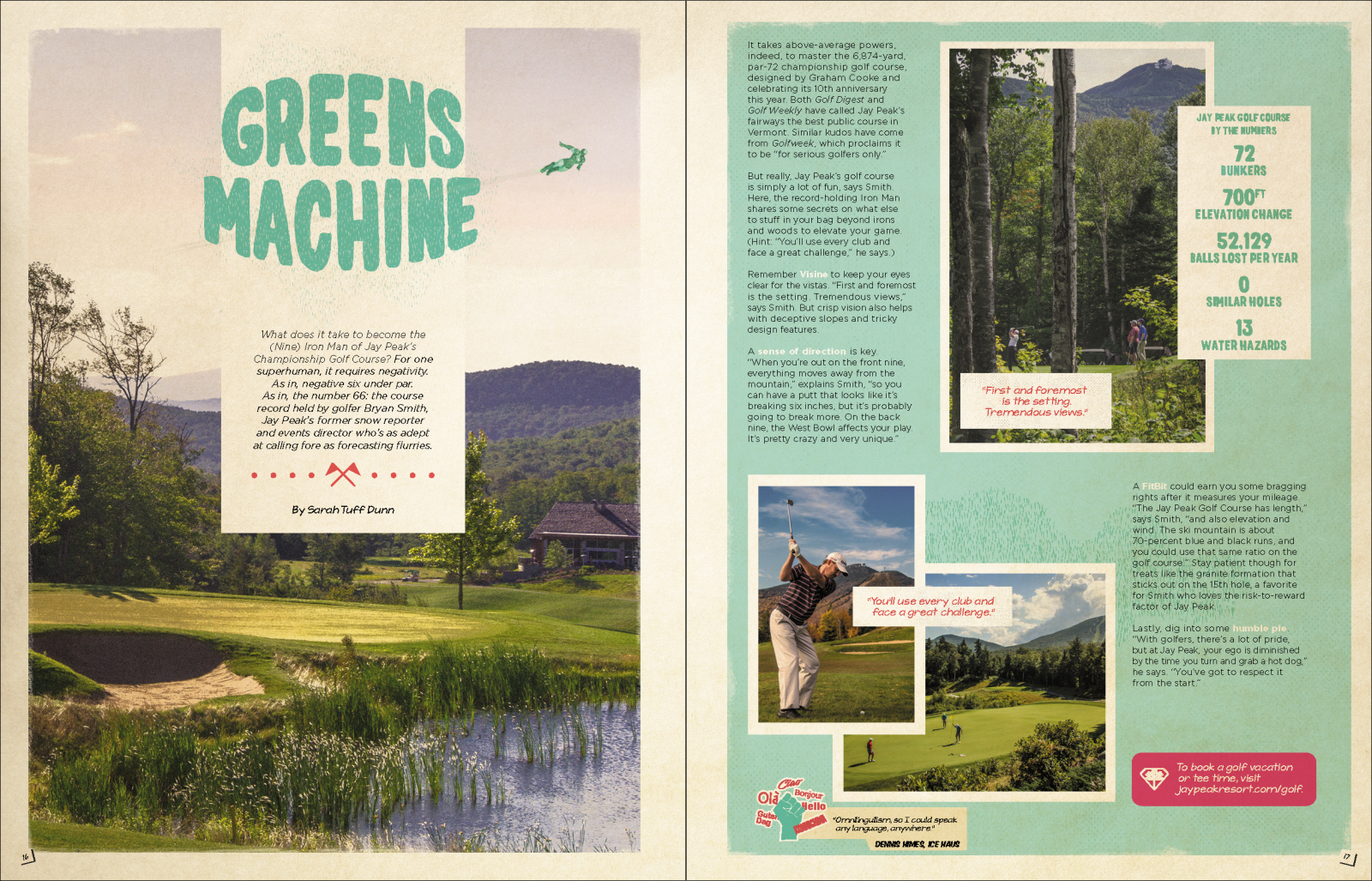 Golf course brochure with scenic photos and green typography.