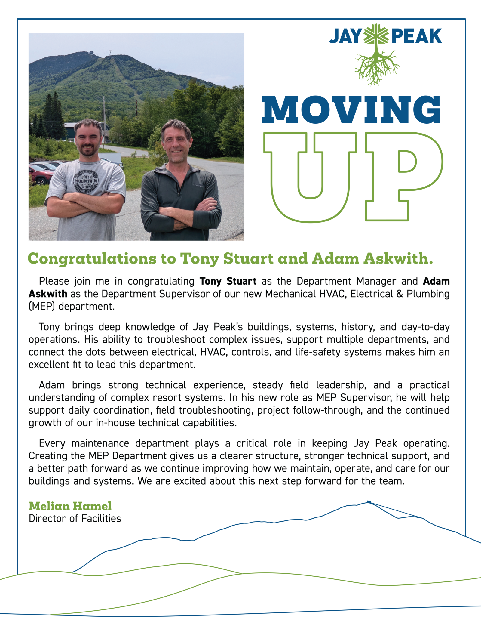 Photograph of two people in front of a mountain, text congratulating promotions at Jay Peak.
