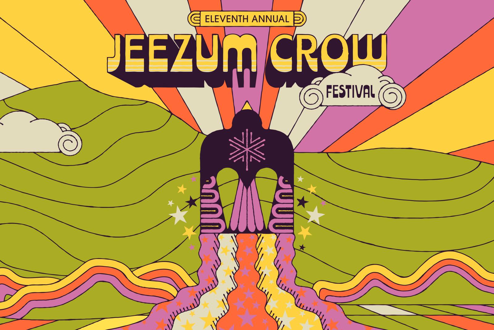 Colorful festival poster with a crow illustration and vibrant, wavy patterns.
