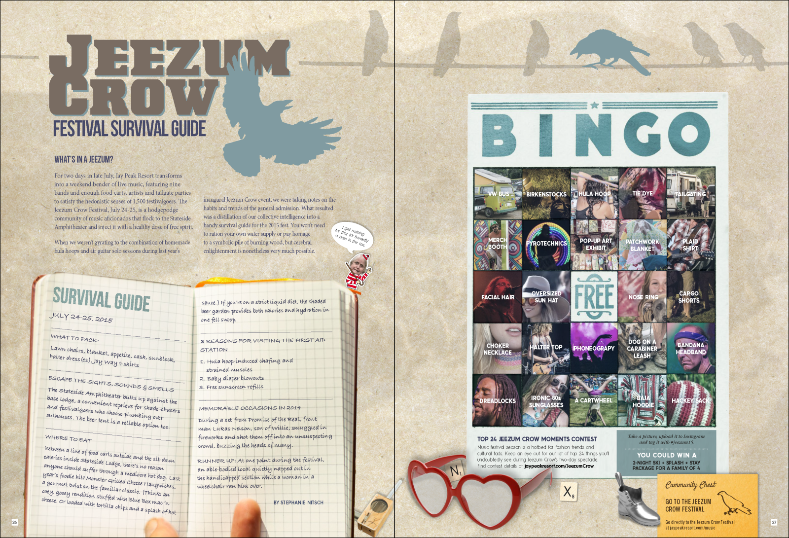 Open booklet with text, a BINGO poster, and red heart-shaped glasses.