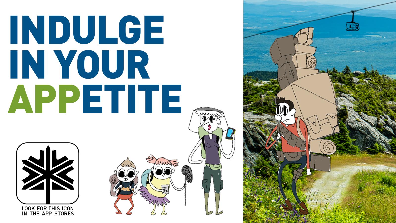 Cartoon characters with backpacks hiking near mountains and cable car.