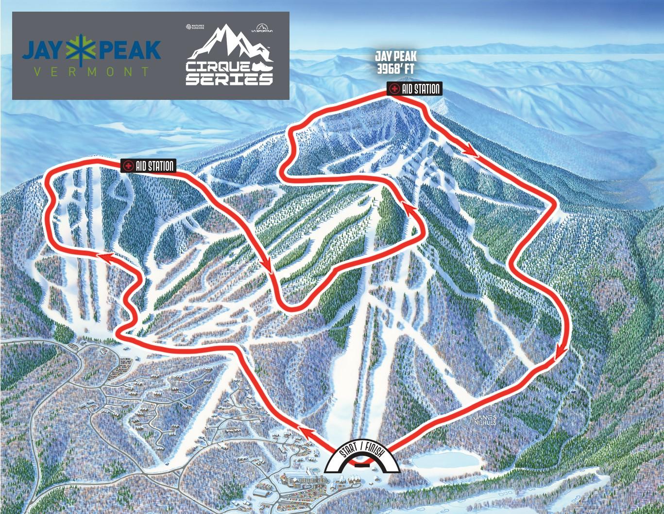 Trail map of a ski resort with marked routes in red.
