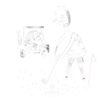 Cartoon golfer swings club, golf cart in background.