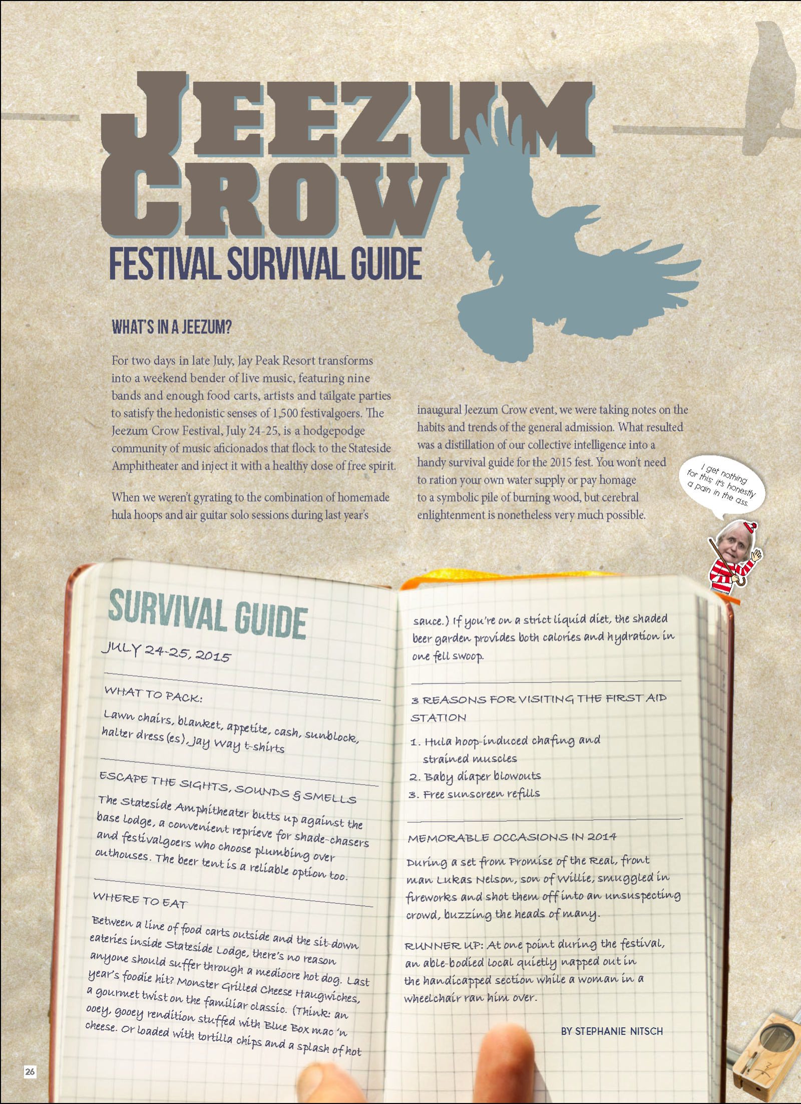 Crow silhouette with text; open book pages below.