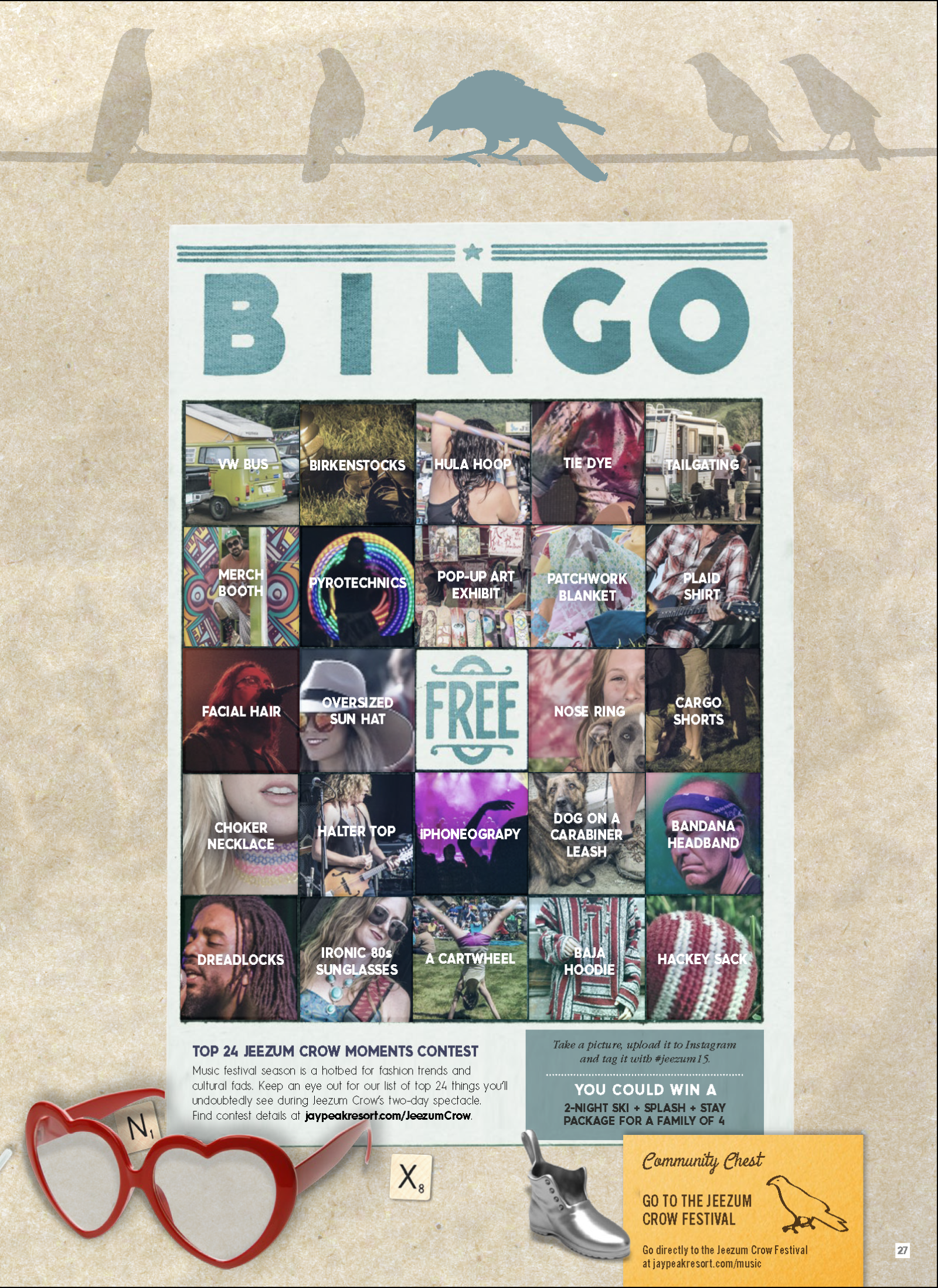 Bingo card with various meme images, heart-shaped glasses, and bird silhouettes.