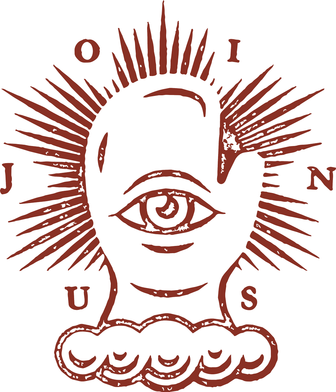 Hand with eye inside, surrounded by rays and clouds, reddish-brown design.