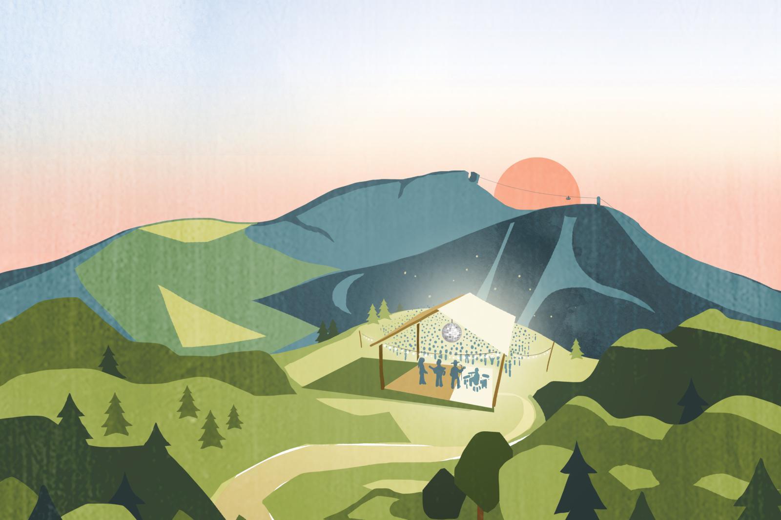 House in a sunlit valley with mountains at sunset.