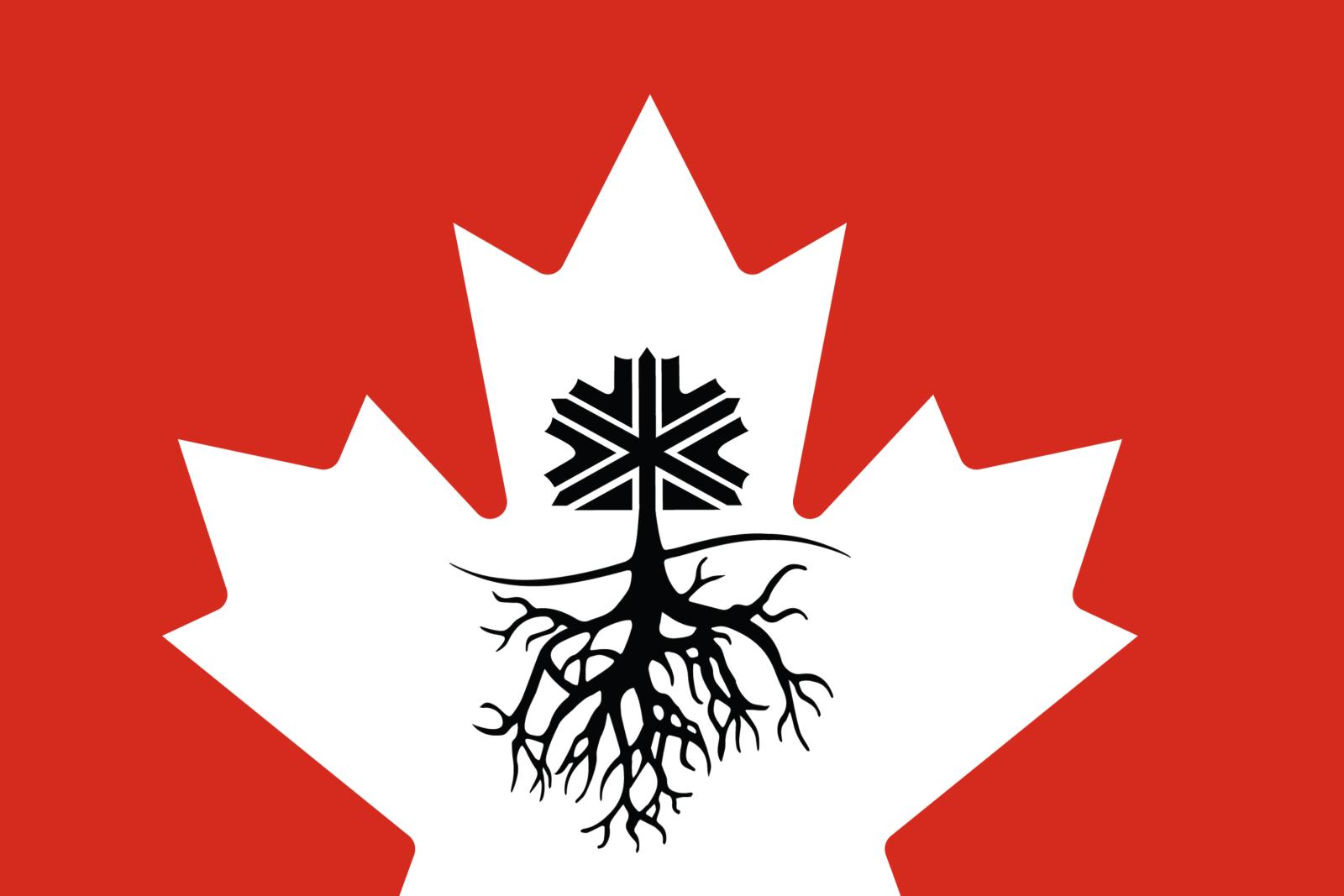 Black snowflake transforming into tree roots over a white maple leaf on red background