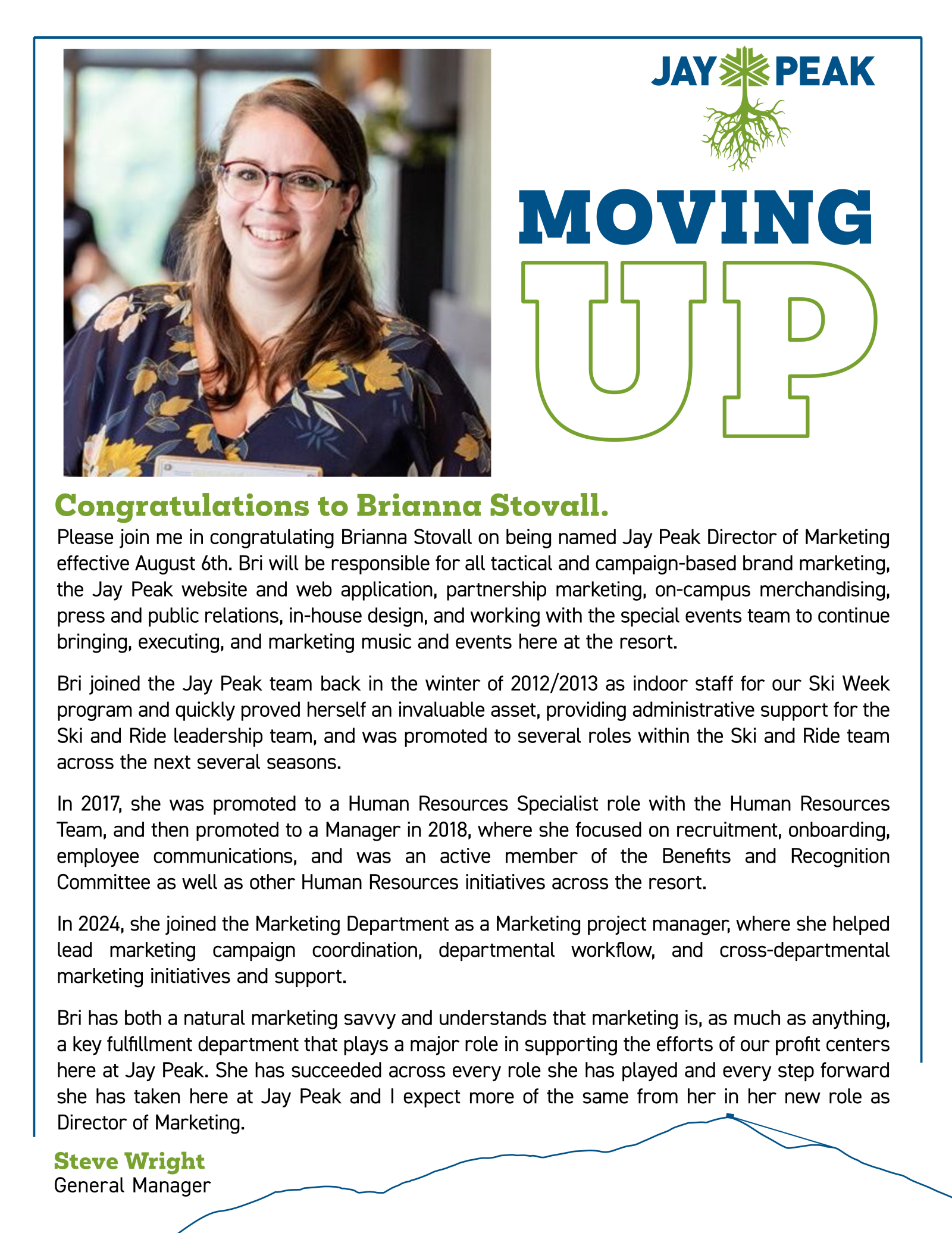 Newsletter page with a woman smiling, titled "Moving Up" with text below.