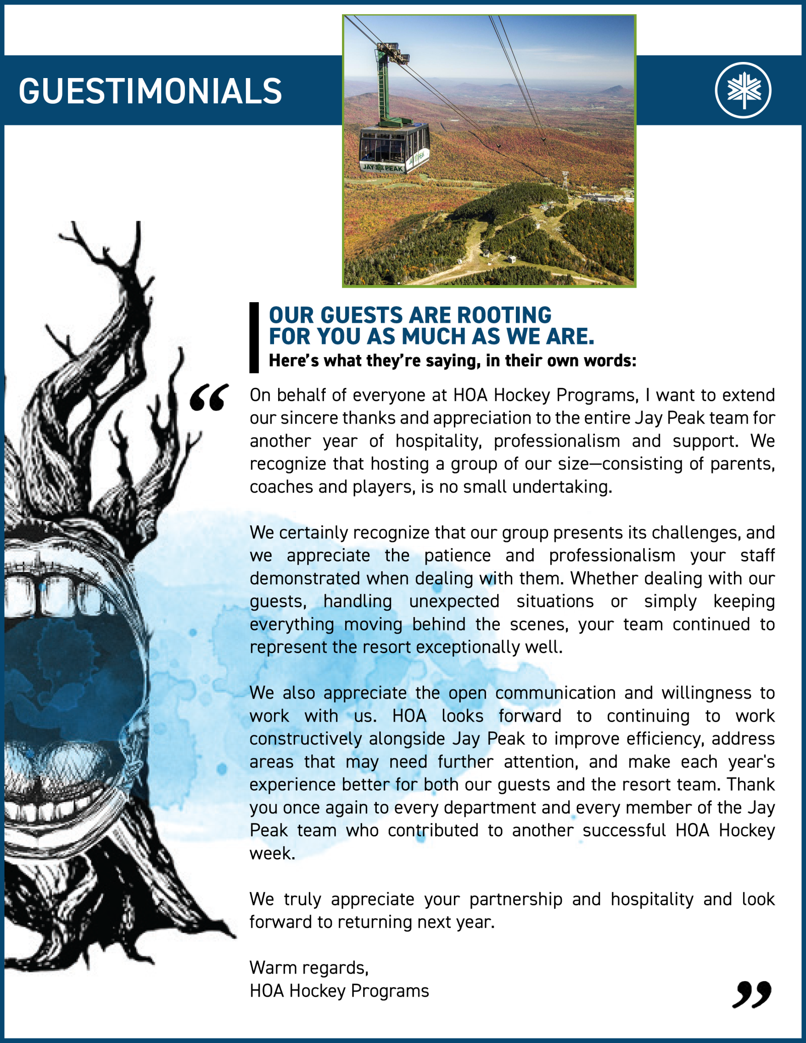 Testimonials page with text overlay on landscape and graphic elements.