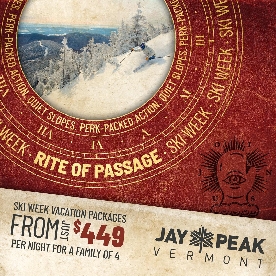 Skiing graphic with vintage design, featuring a snowy landscape and Jay Peak Vermont logo.