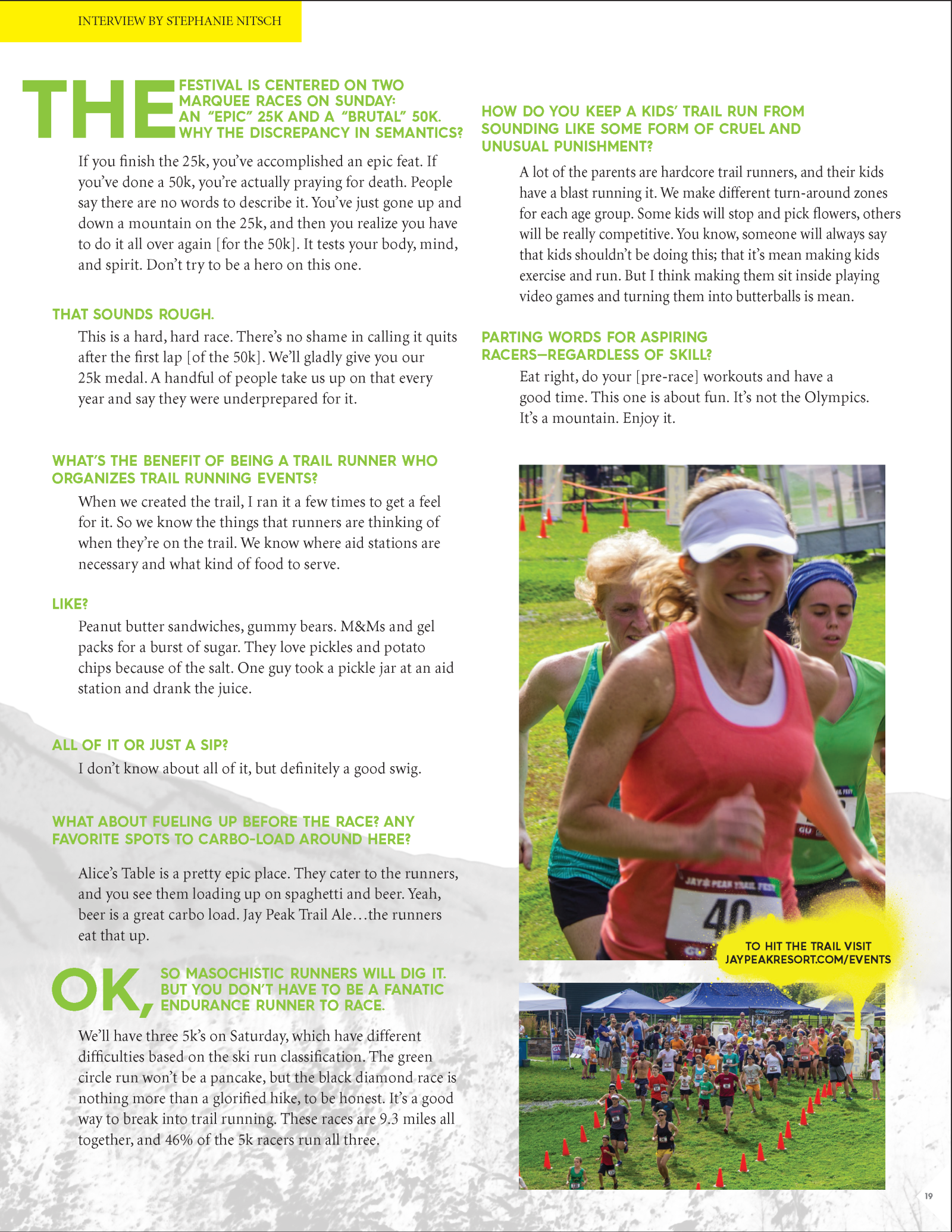 Newsletter page promoting a charity running event, with photos of runners and a race crowd.