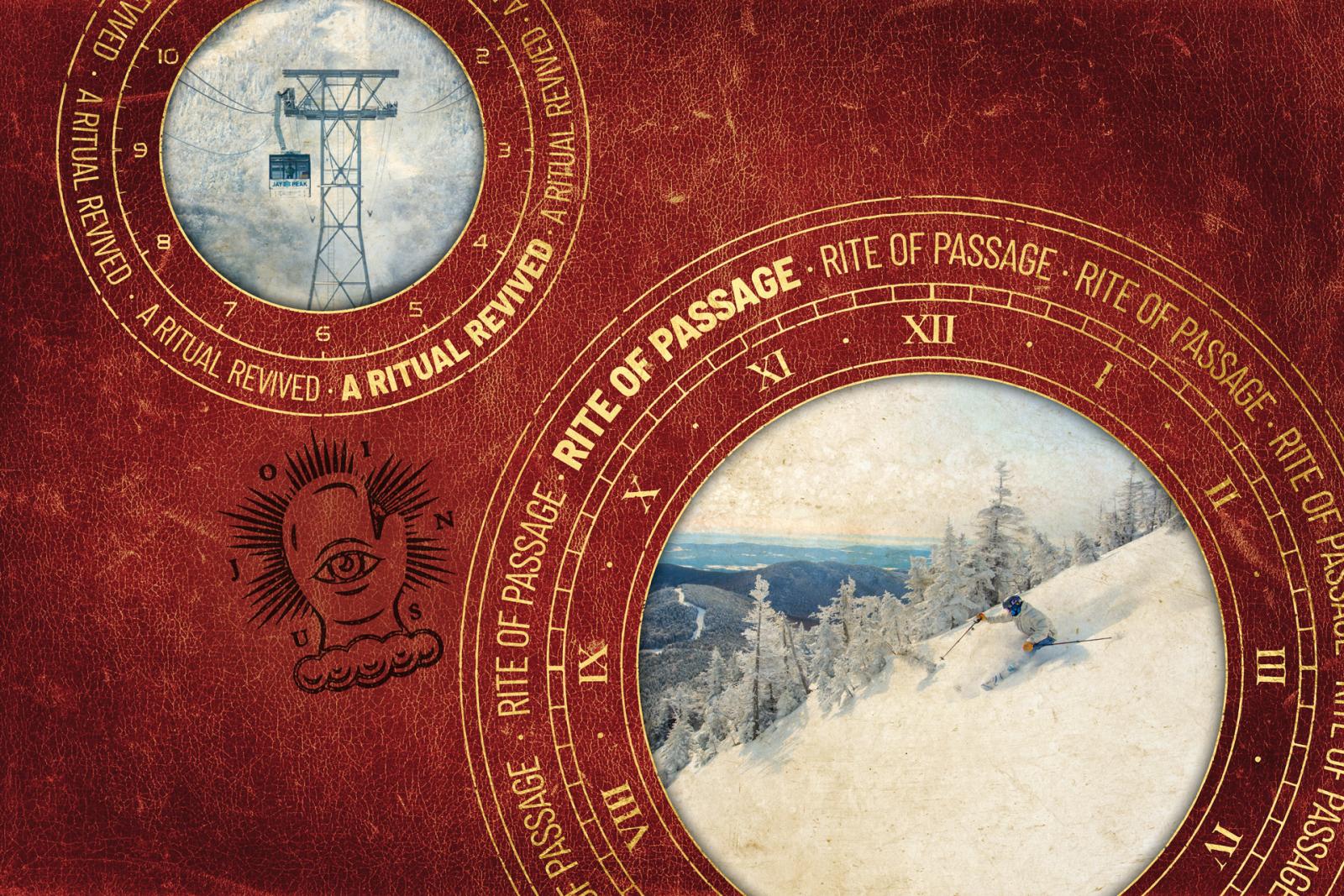 Vintage-style design with snowy mountain scene in circles on red textured background.