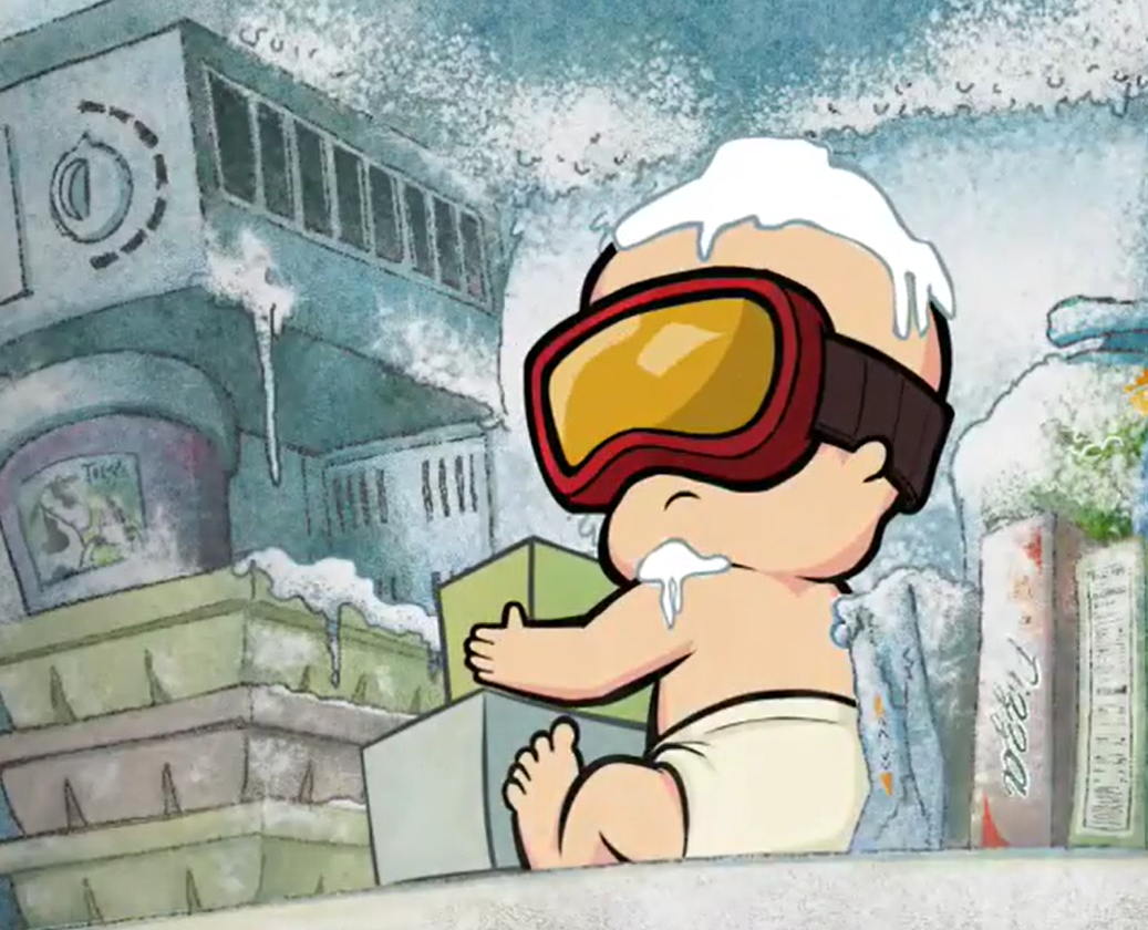 Cartoon baby in a diaper with goggles, surrounded by icy landscape and buildings.