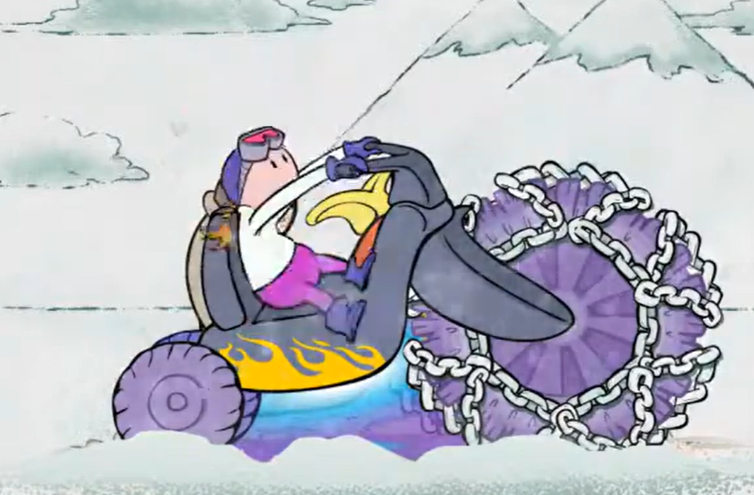 Animated character driving a snowmobile with large chain-covered wheels.