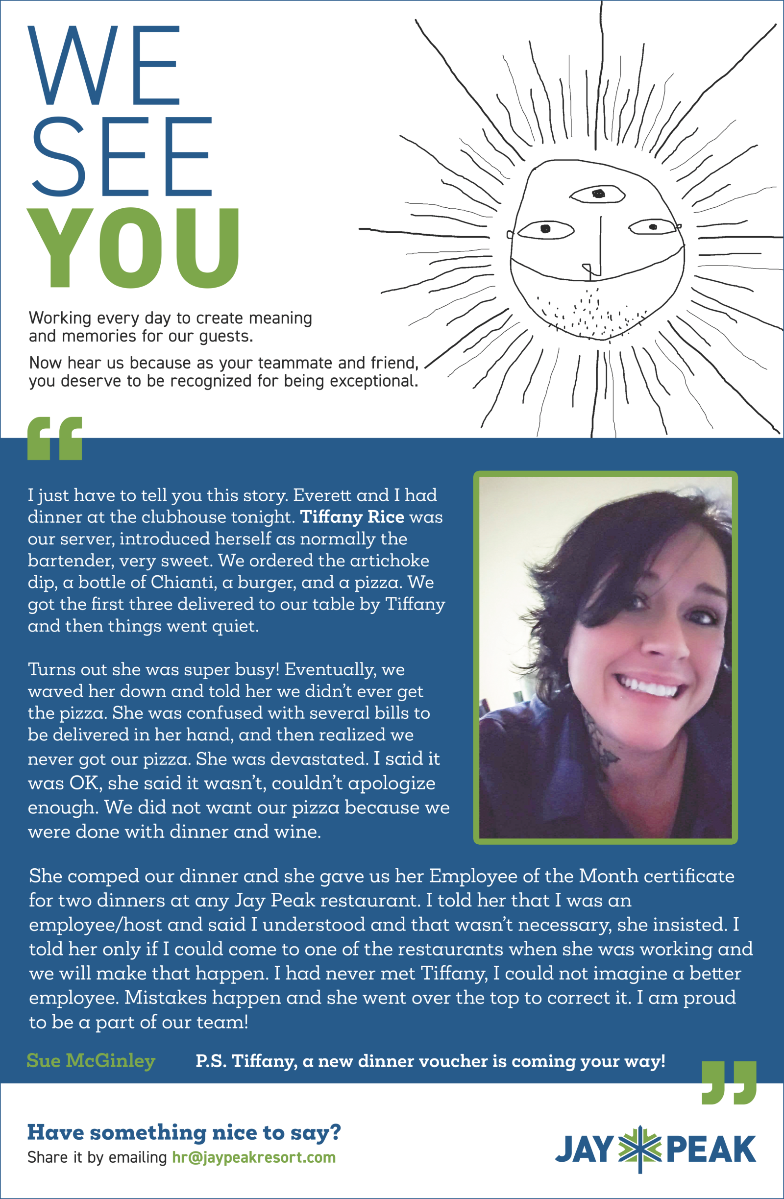 WE SEE YOU campaign poster with smiling woman, sun drawing, and support text.
