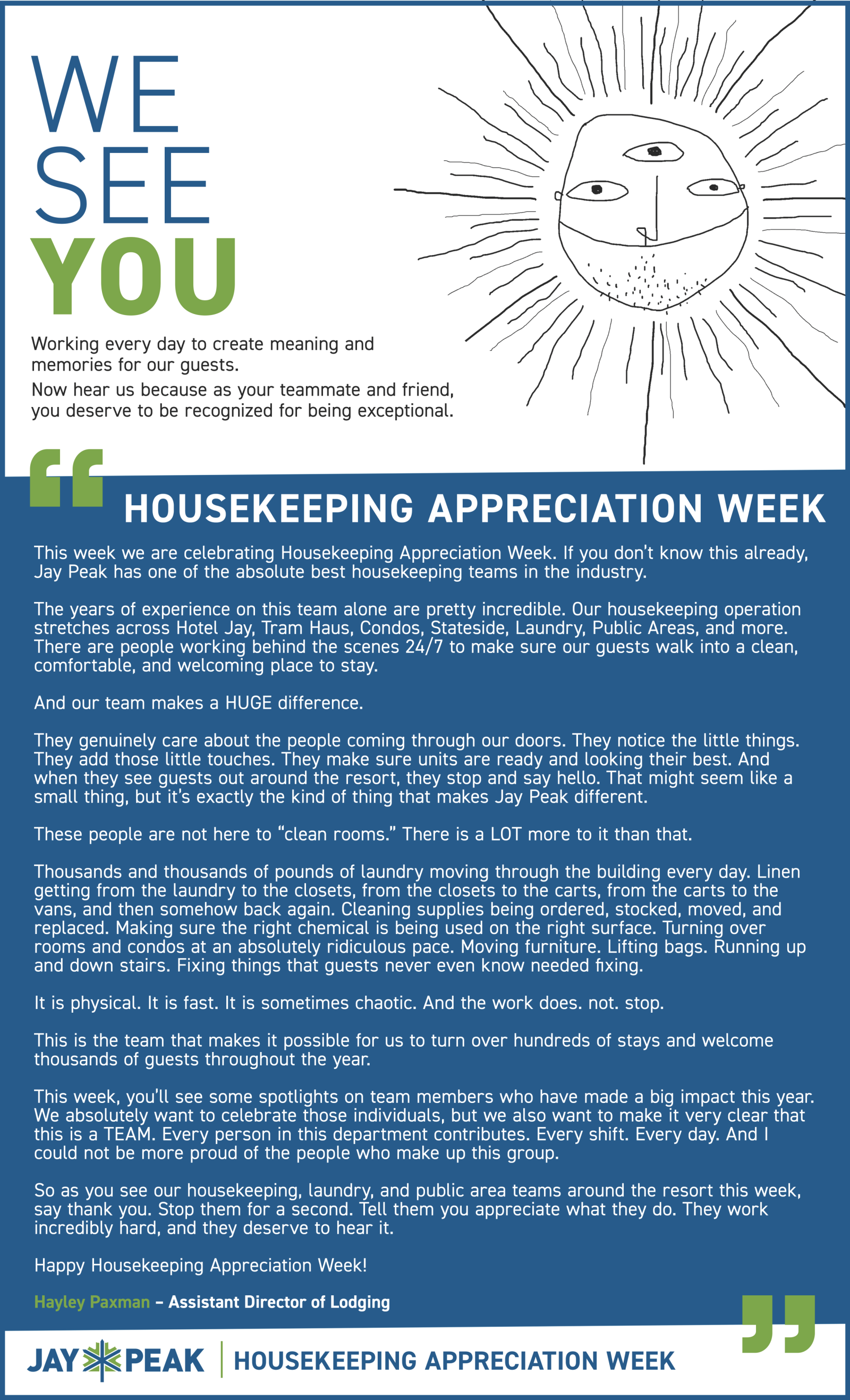 Housekeeping Appreciation Week flyer with sun illustration and blue text.