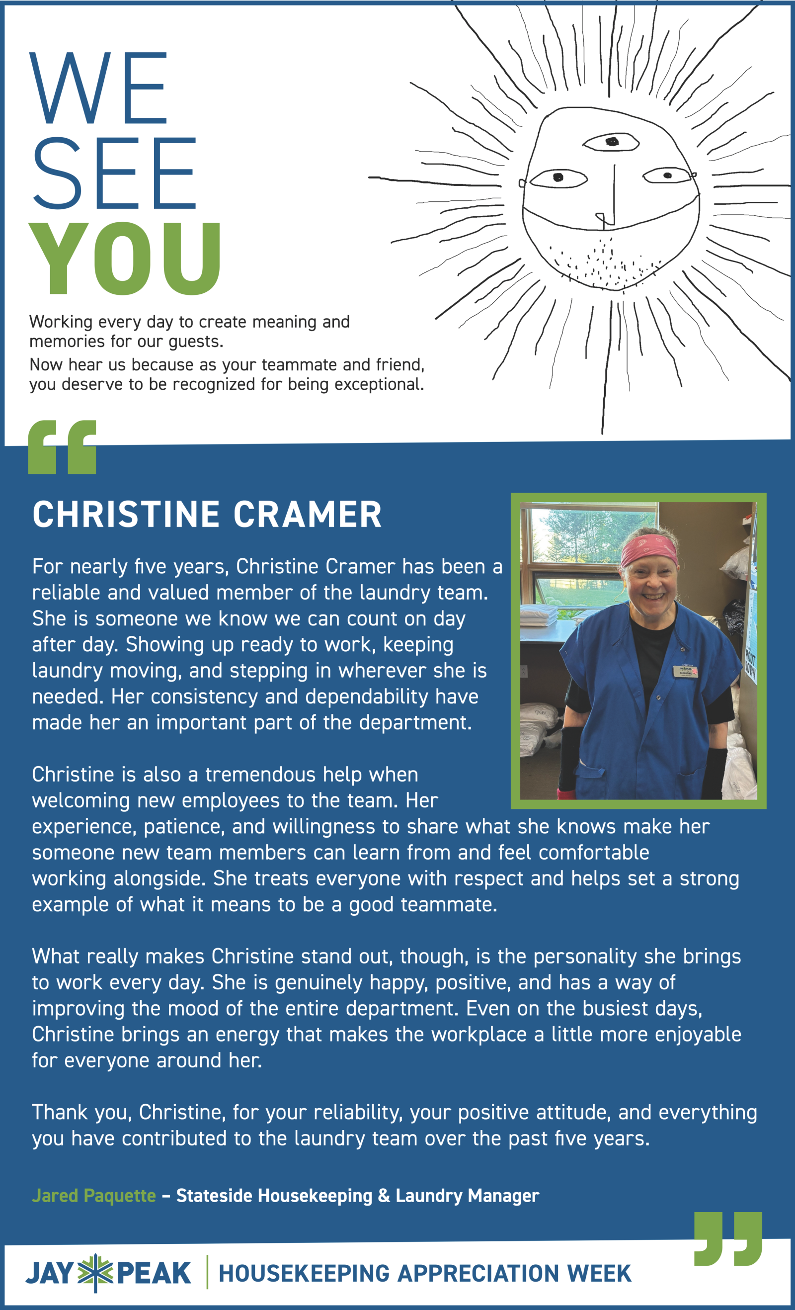 “We See You” newsletter cover featuring Christine Cramer and a portrait photo.
