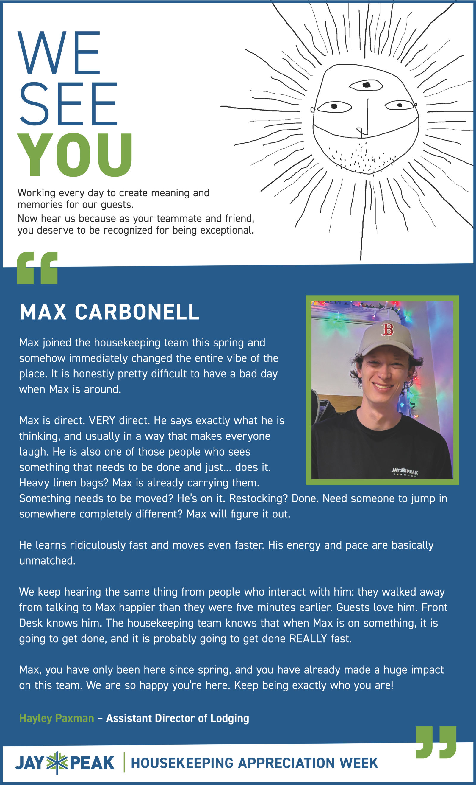 "We See You" campaign graphic honoring Max Carbonell, with sun illustration and portrait.