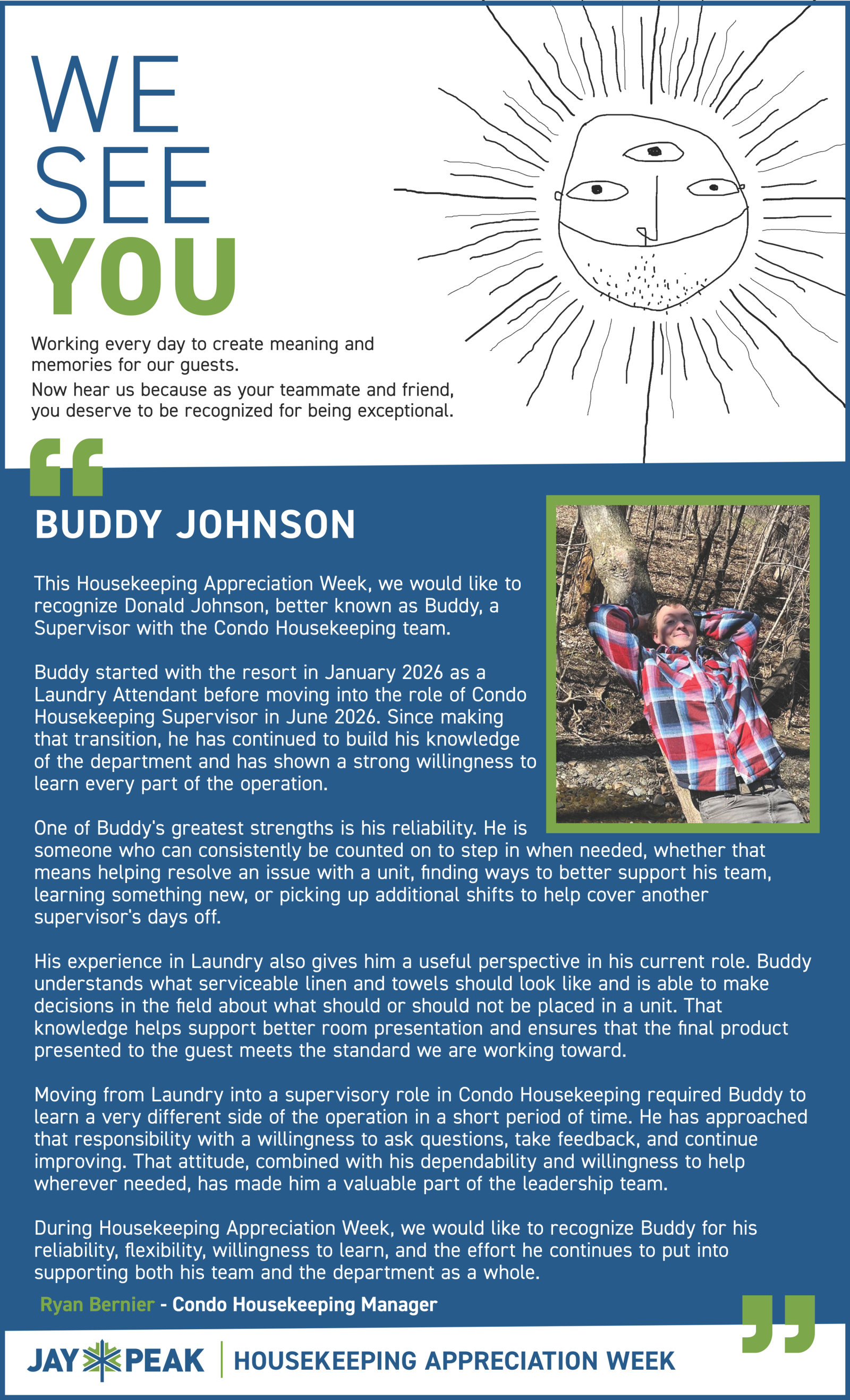WE SEE YOU flyer with a sun illustration and Buddy Johnson community event details.