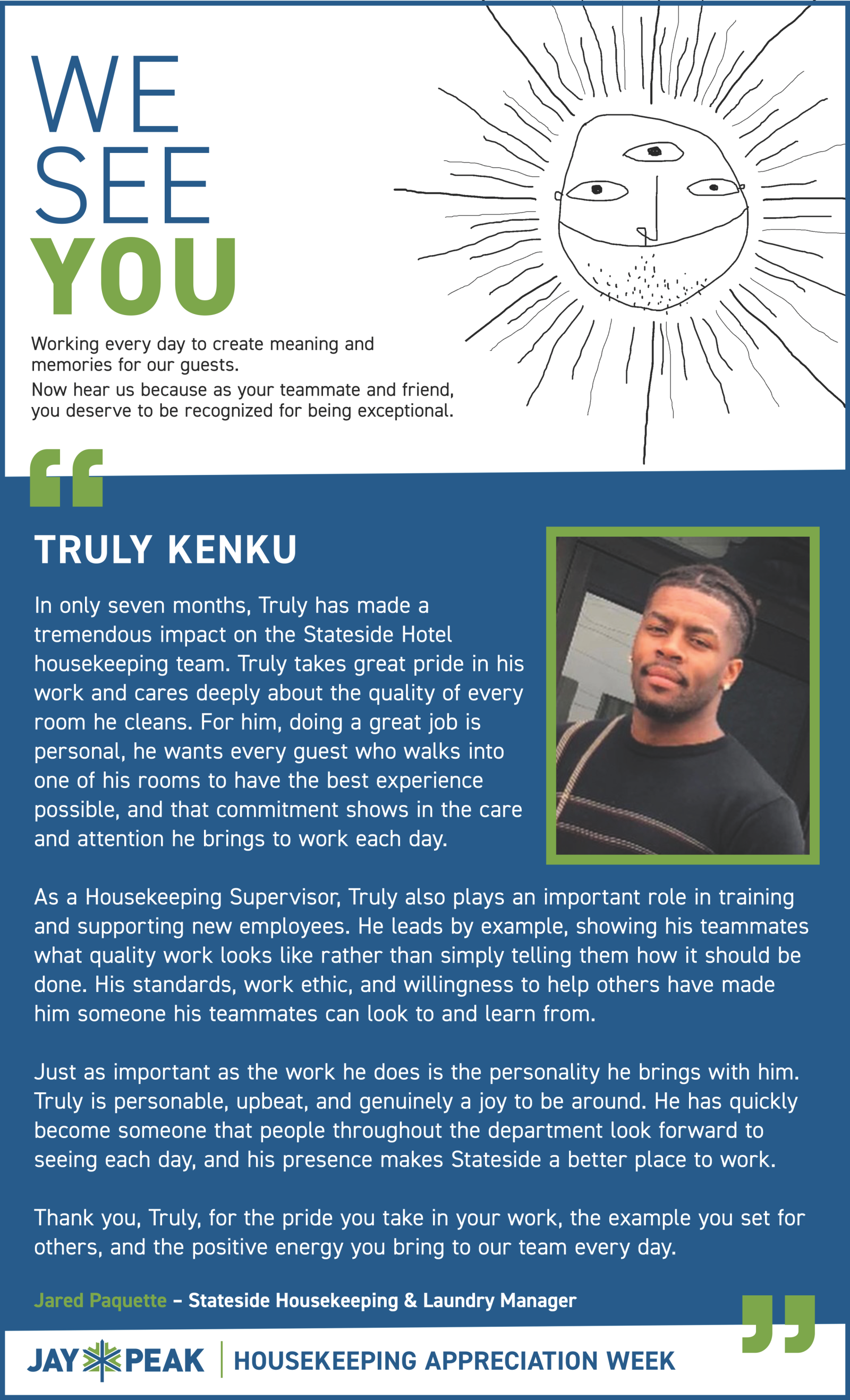 Campaign poster promoting Truly Kenku with sun illustration and portrait of a smiling man.
