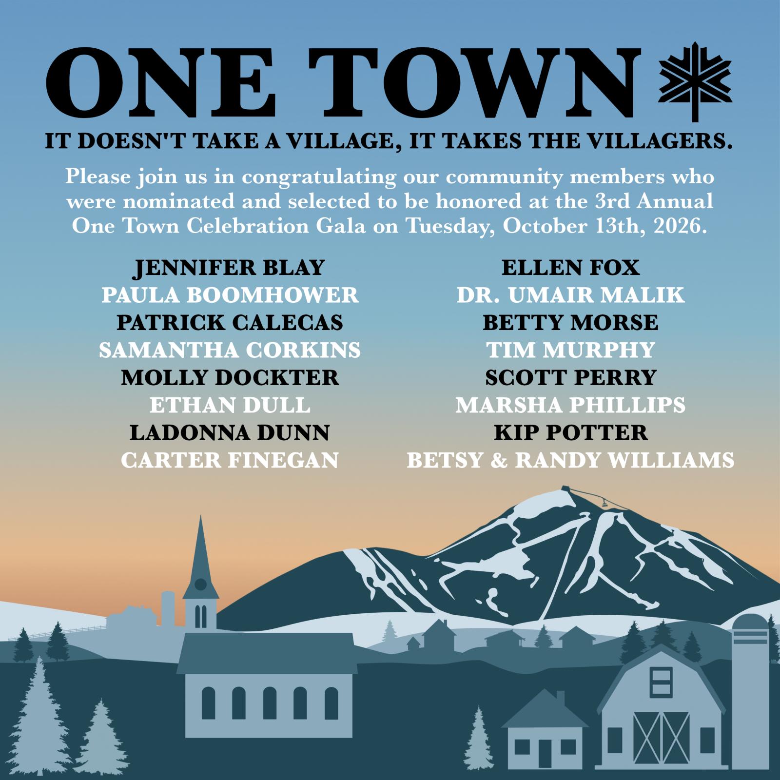 Vintage travel poster for One Town ski village with snowy mountains and pine forest.