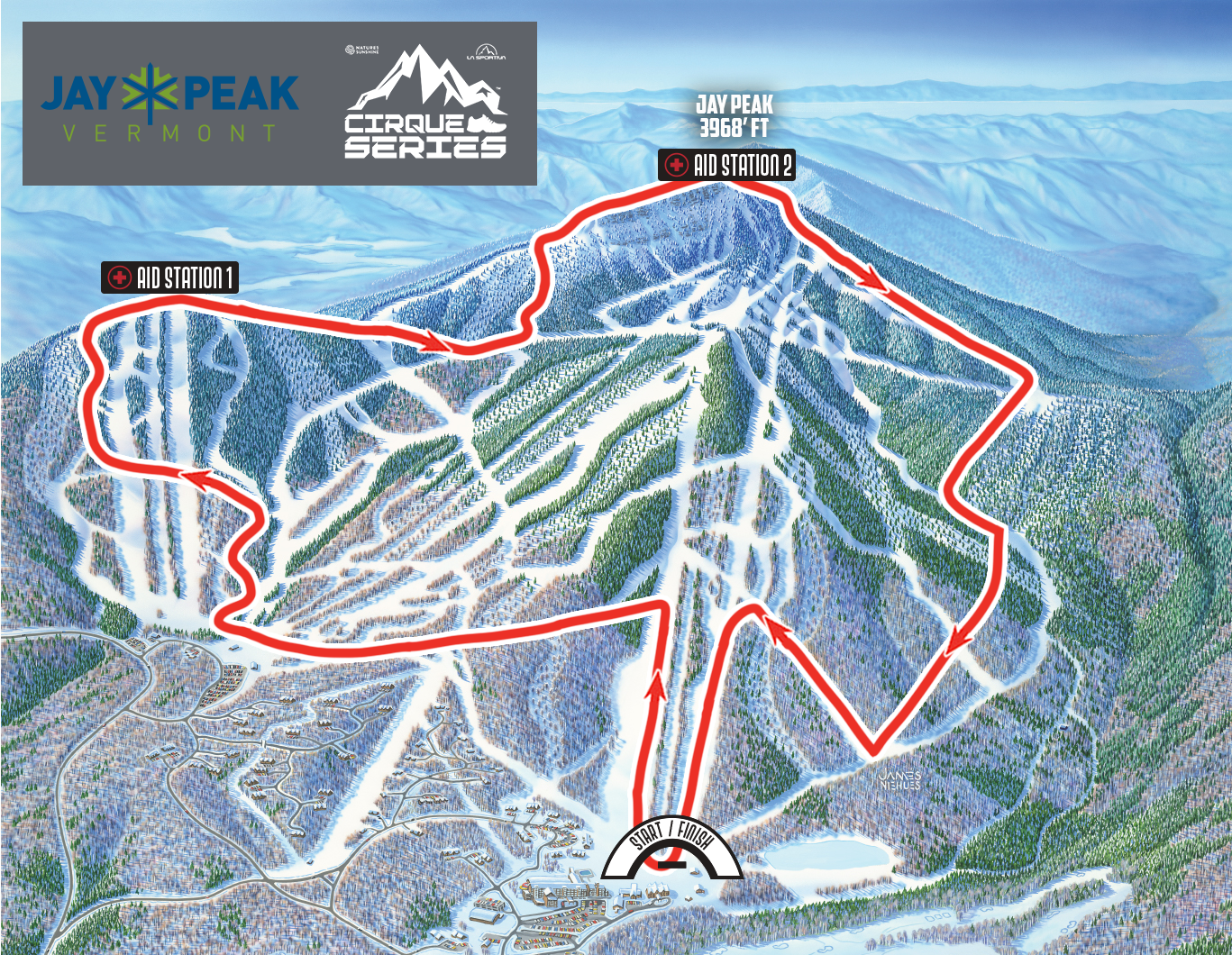 Ski trail map with red route lines over snowy mountain terrain.