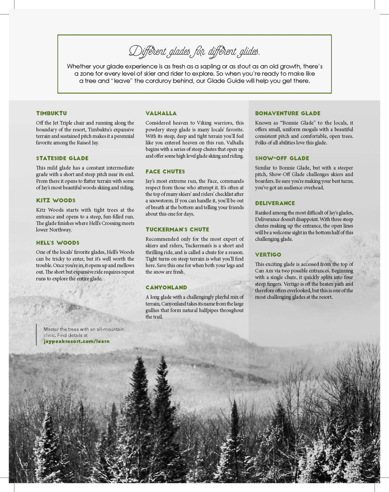 French newsletter page with green headings and a snowy forest photo at the bottom.