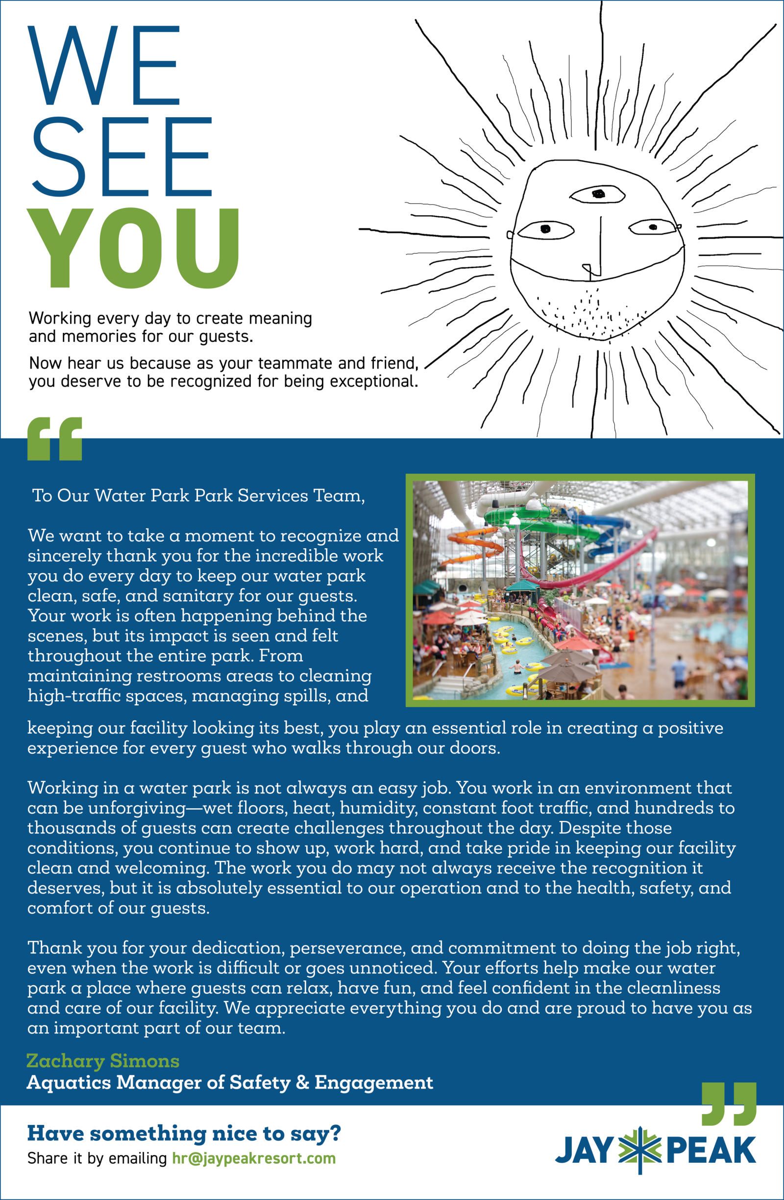 WE SEE YOU newsletter cover with sun drawing, text, and a classroom photo.
