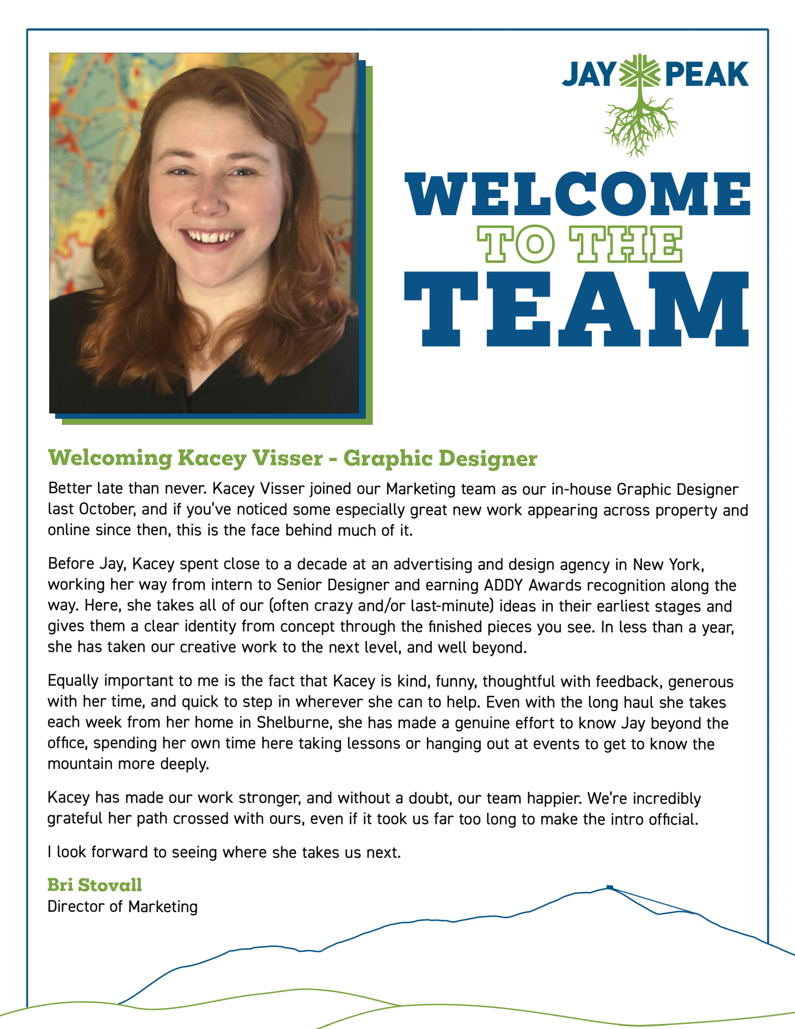 Jay Peak welcome letter from “Kenny,” with mountain sketch and smiling portrait.