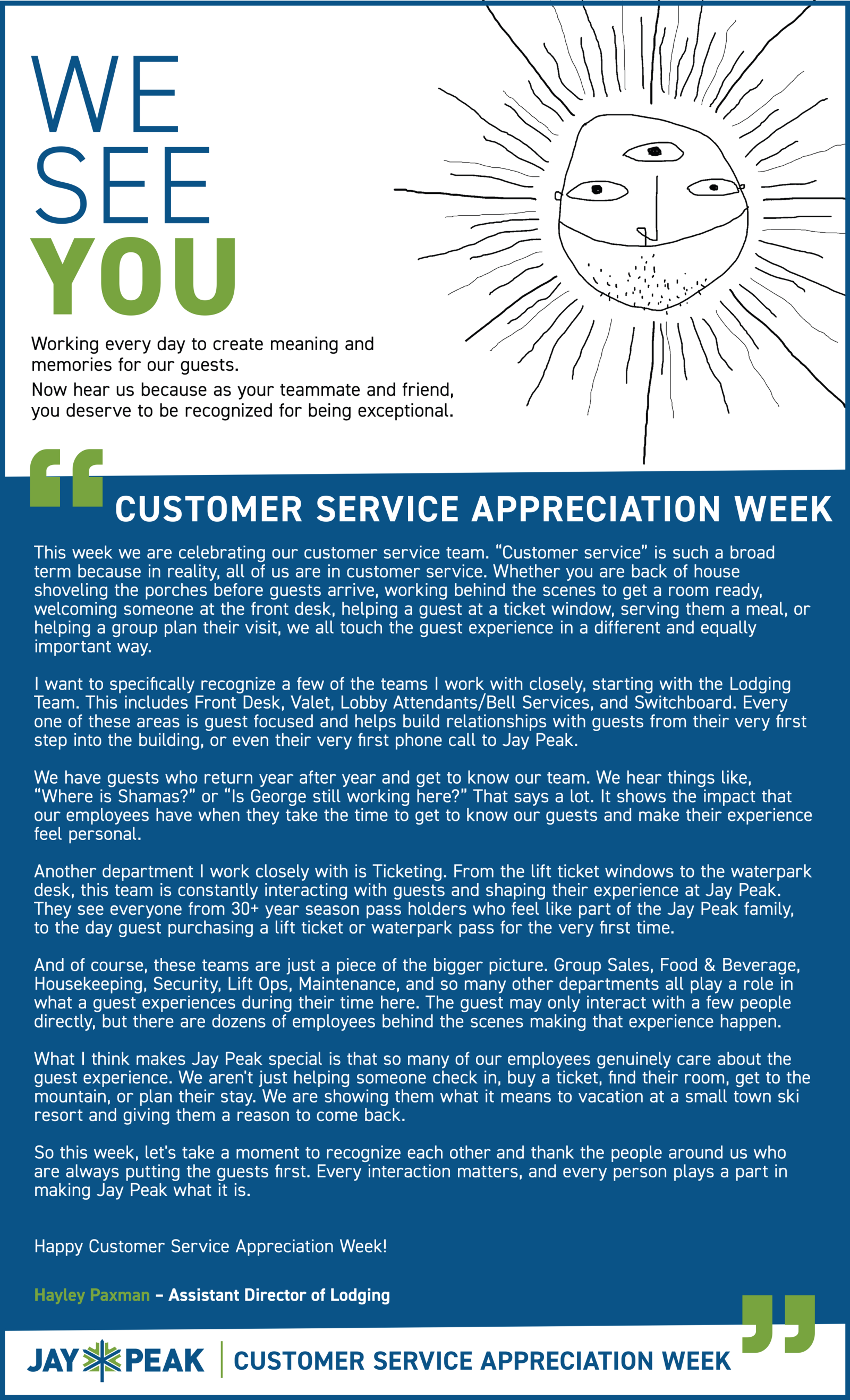 Customer service appreciation week flyer with sun illustration and blue text blocks.