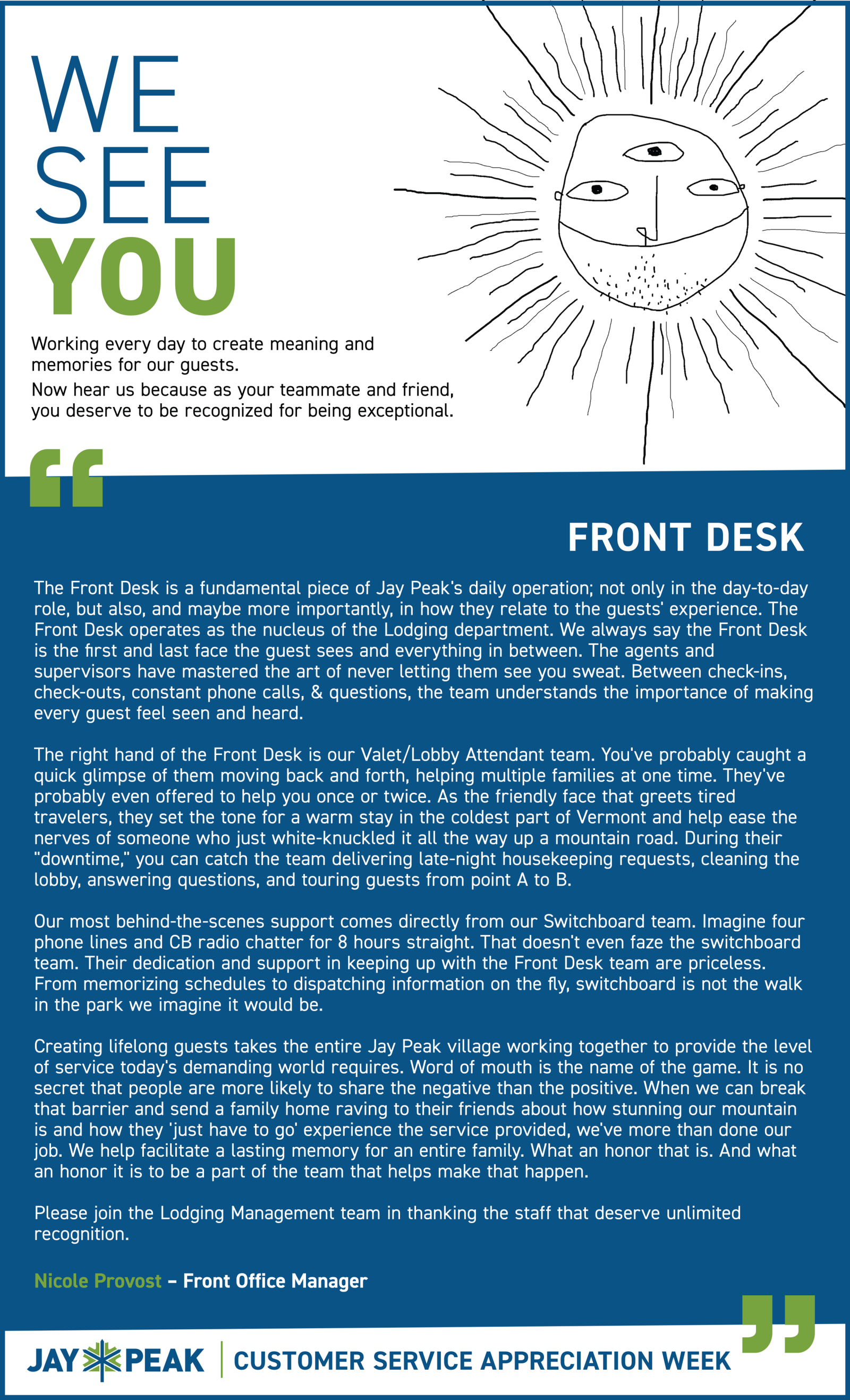 “We See You” customer service appreciation poster with smiling sun graphic.