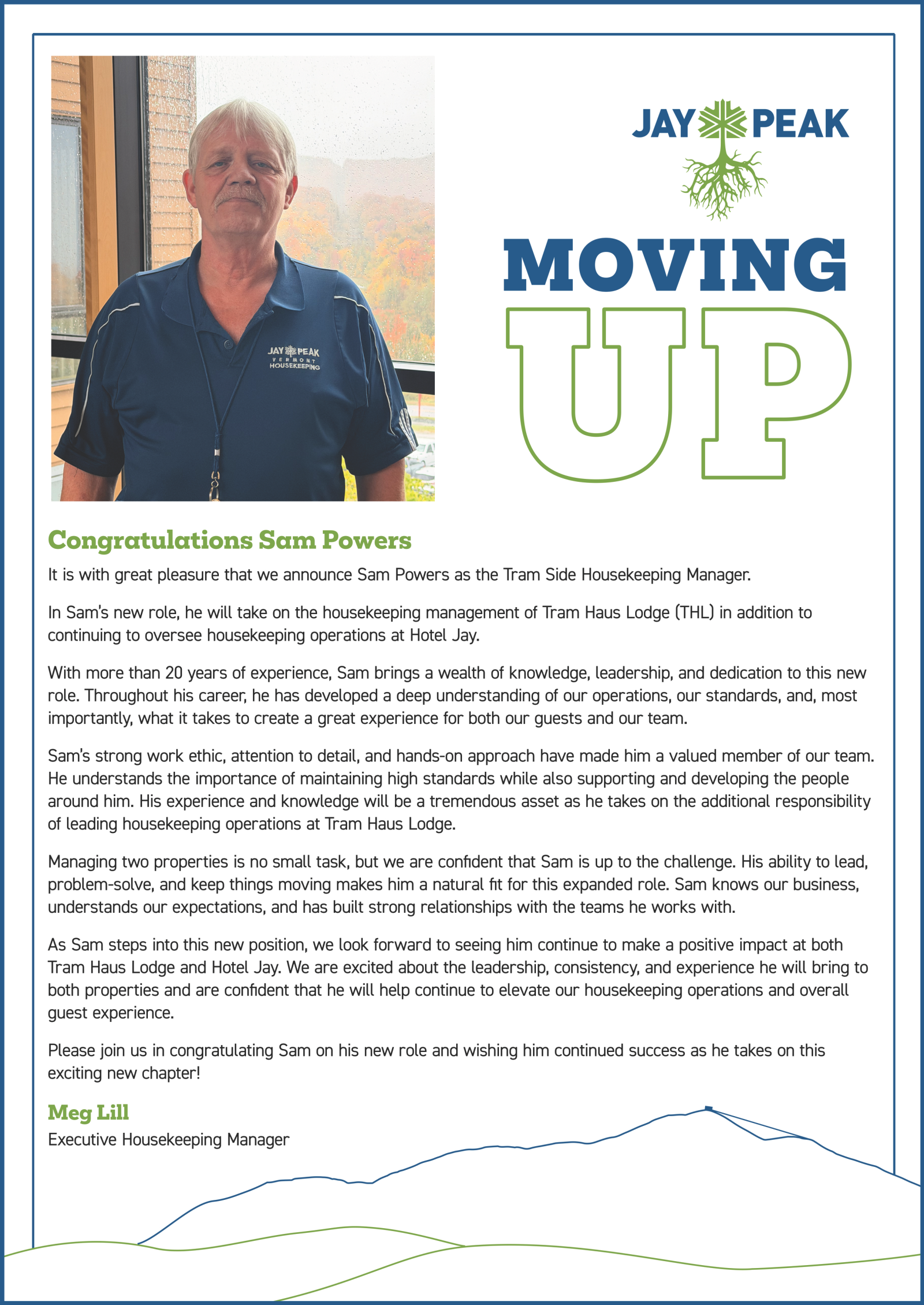 Jay Peak Moving Up newsletter with employee photo and charts.
