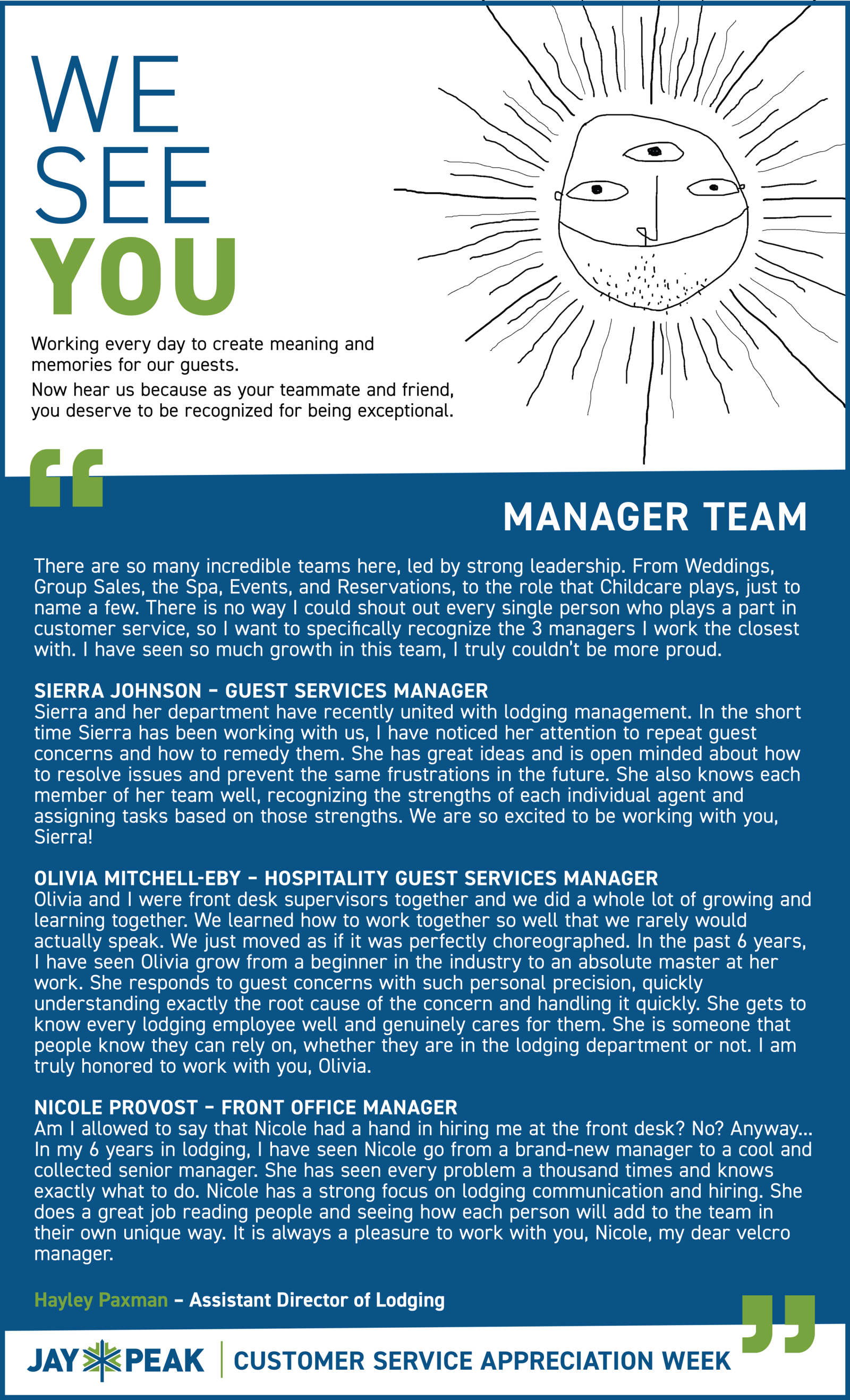 “We See You” customer service poster with smiling sun illustration and team message.