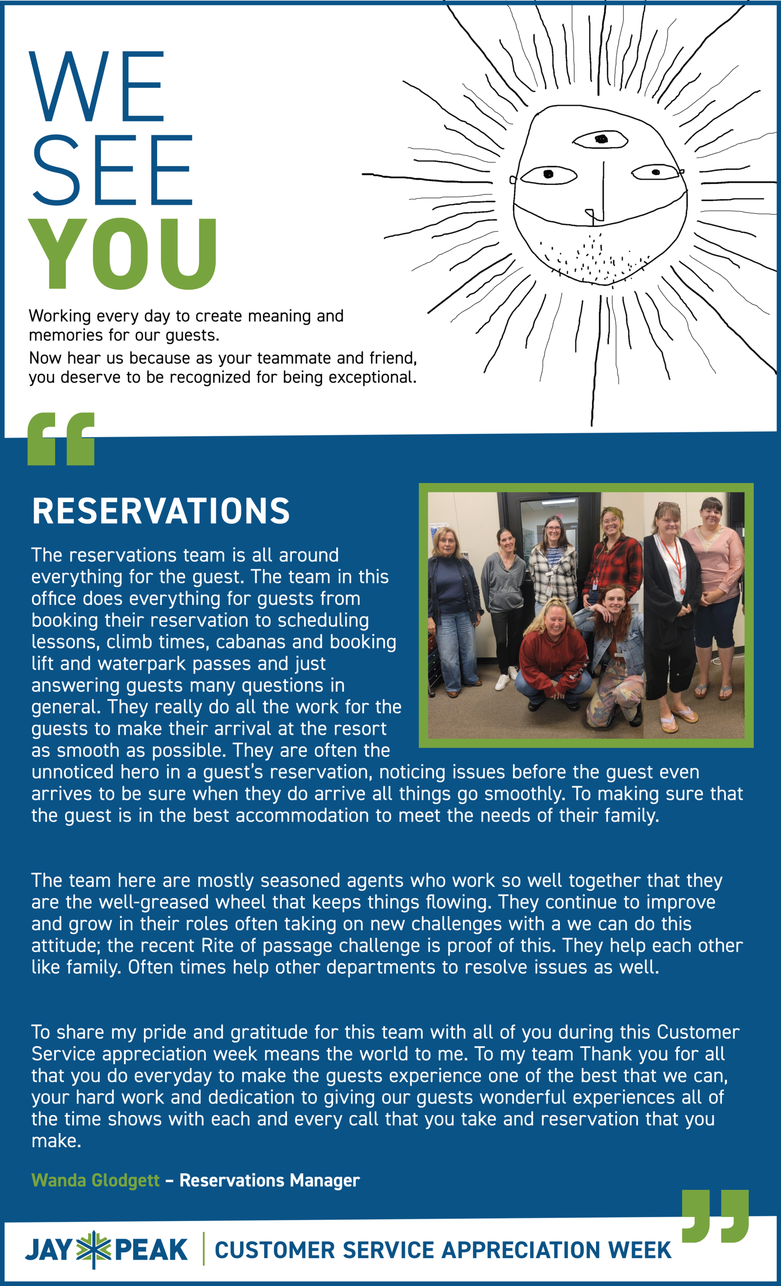 WE SEE YOU reservations flyer with sun illustration and customer service information.