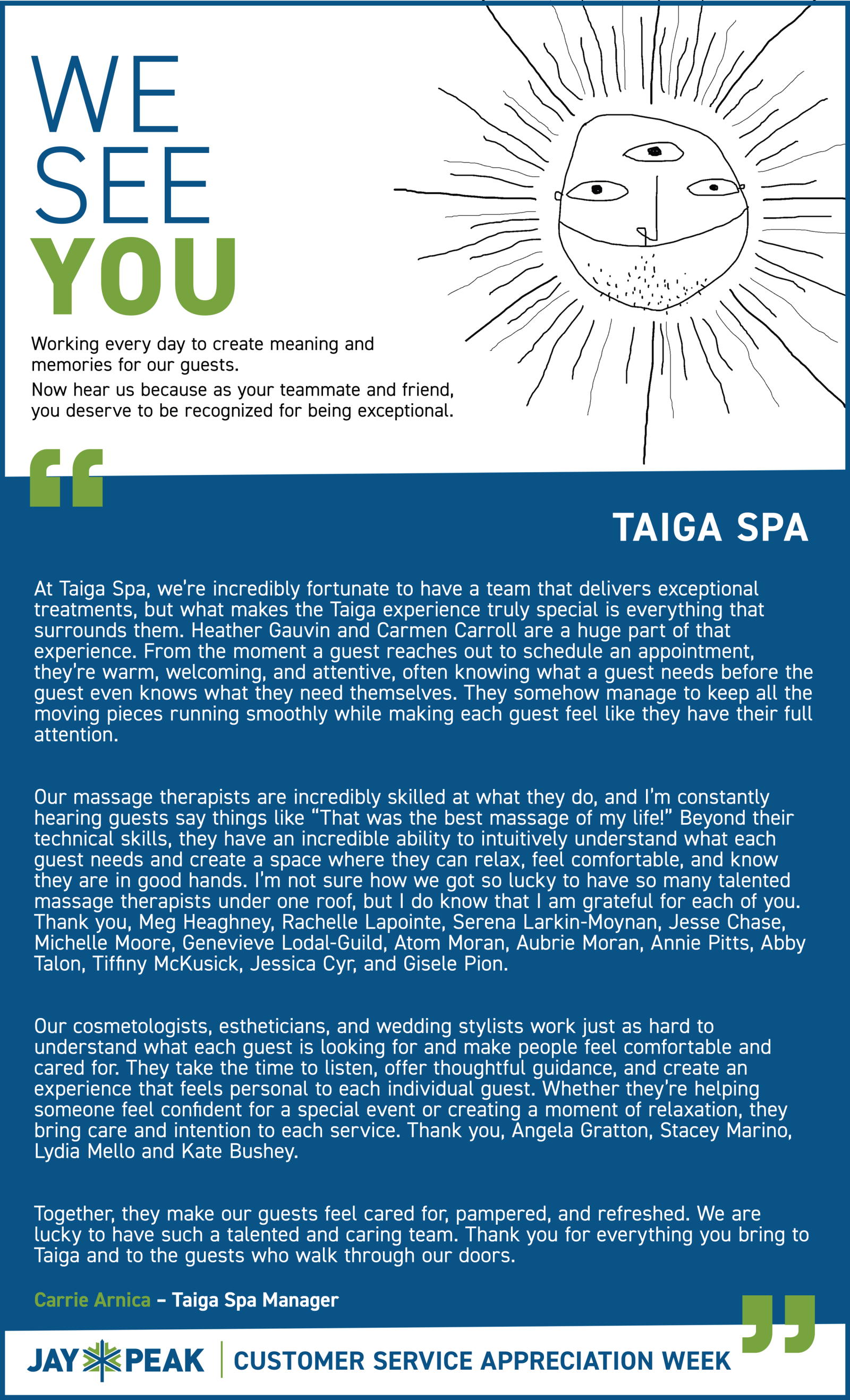 TAIGA Spa flyer with “We See You” and a sun illustration above service text.