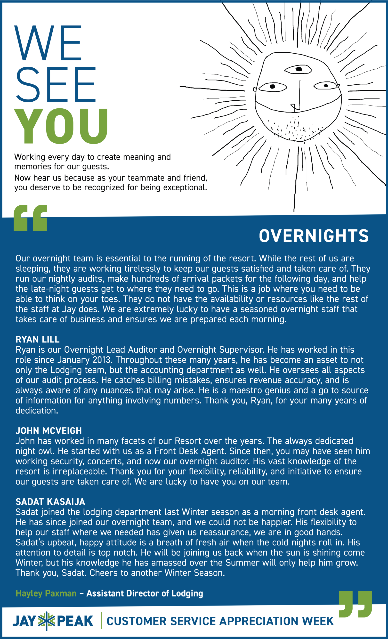 Blue informational flyer titled “We See You,” with a sun illustration and dense text.