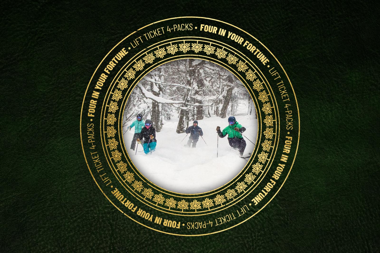 Circular gold emblem framing a snowy scene with skiers in a forest.