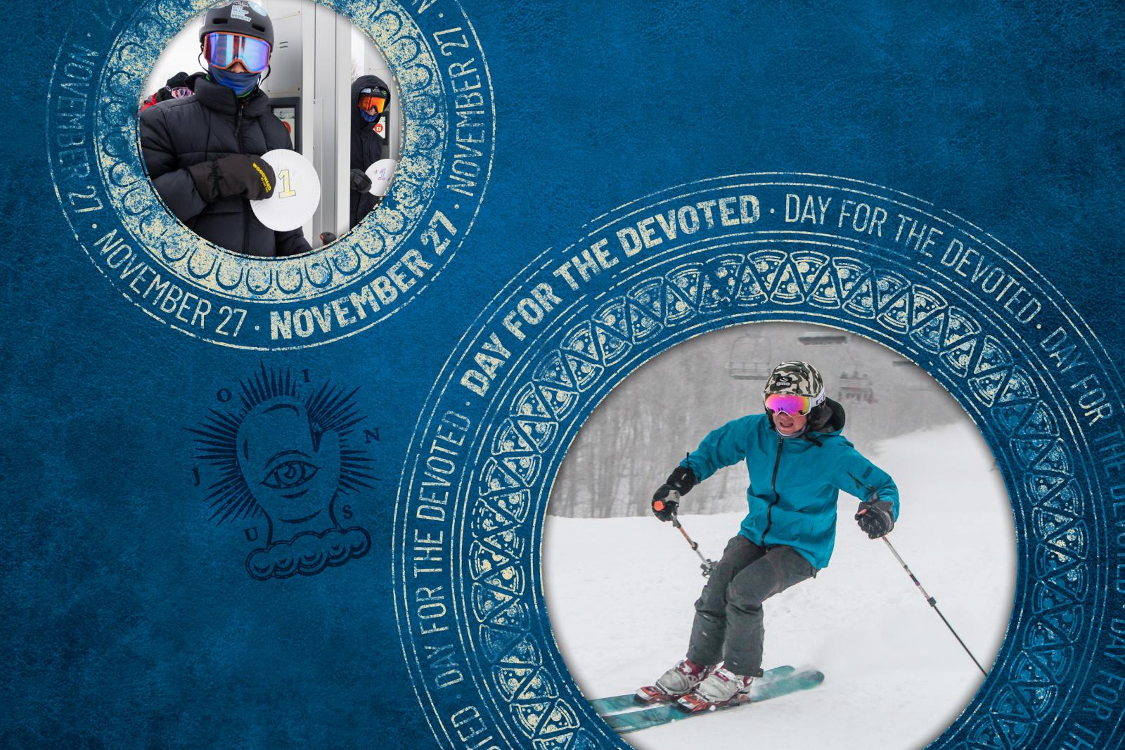 Blue graphic with circular photos of snowboarders and commemorative text.